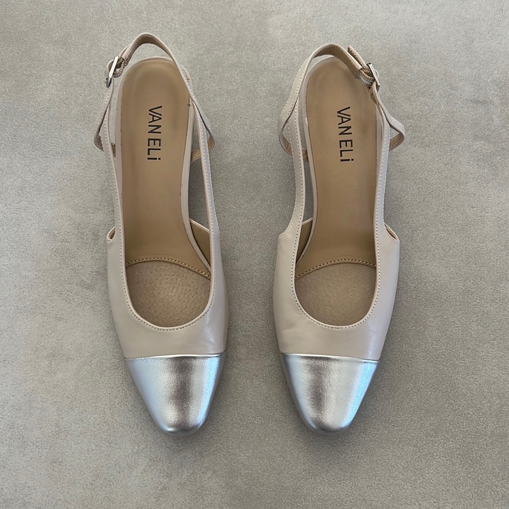 Vaneli sling back block heel. Nude with silver cap toe